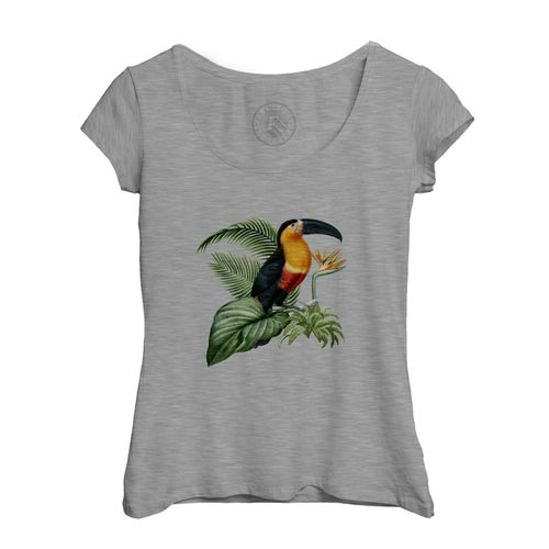 T-Shirt Femme Col Echancré Ara Oiseau Tropical Exotique Jungle Toucan Perroquet
