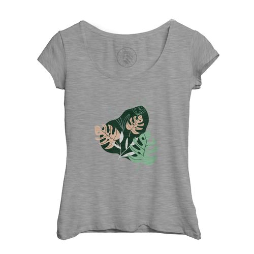 T-Shirt Femme Col Echancré Feuilles Minimaliste Tropical Exotique Jungle