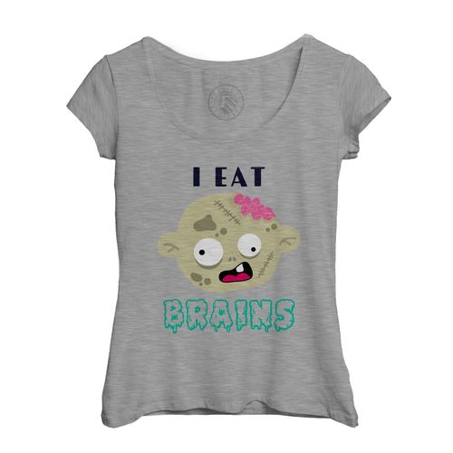T-Shirt Femme Col Echancré I Eat Brains Zombie Halloween Peur Horreur