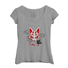 T-Shirt Femme Col Echancré Kitsune Renard Japon Asie Culture Manga