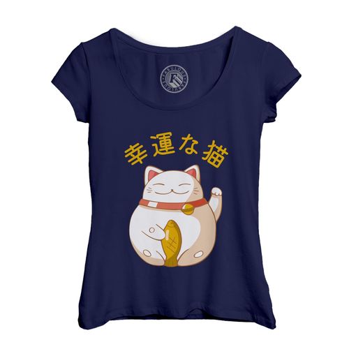 T-Shirt Femme Col Echancré Maneki-Neko Chat Japon Asie Culture Chine Porte Bonheur