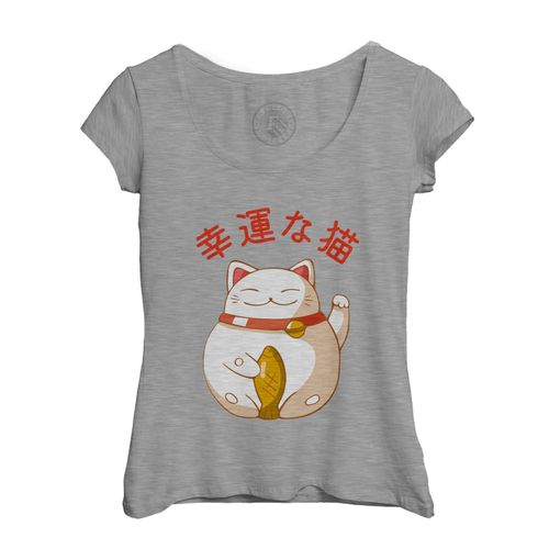T-Shirt Femme Col Echancré Maneki-Neko Chat Japon Asie Culture Chine Porte Bonheur