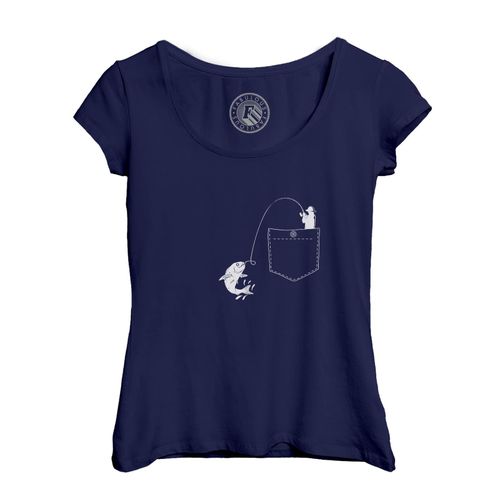 T-Shirt Femme Col Echancré Pecheur Poche Surprise Poisson Dessin