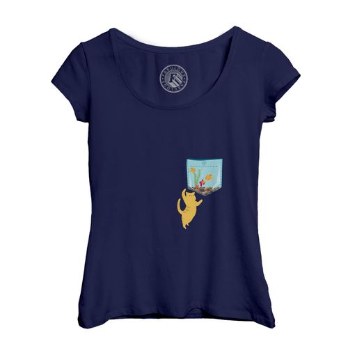 T-Shirt Femme Col Echancré Poche Surprise Chat Aquarium Poisson Dessin
