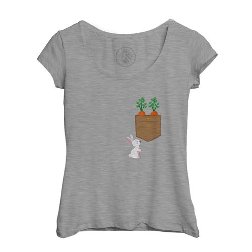 T-Shirt Femme Col Echancré Poche Surprise Lapin Carrottes Mignon Dessin