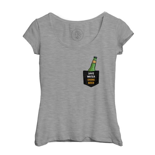 T-Shirt Femme Col Echancré Save Water Drink Beer Poche Suprise Illustration