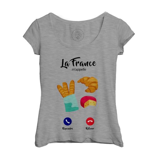 T-Shirt Femme Col Echancré La France M'appelle Gastronomie Baguette Croissant