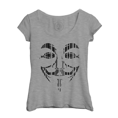 T-Shirt Femme Col Echancré Visage Anonymous Noir Strié