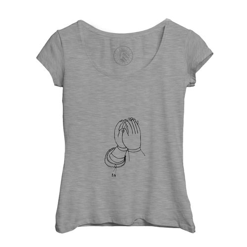 T-Shirt Femme Col Echancré Dessin De Mains Prie Minimaliste Line Art