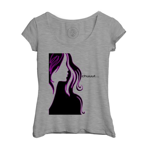T-Shirt Femme Col Echancré Dessin Femme Cheveux Longs Noir Violet Chuuut