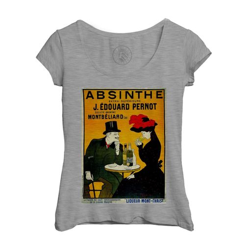 T-Shirt Femme Col Echancré Original Retro Absinthe Vieille Affiche Alcool Liqueur