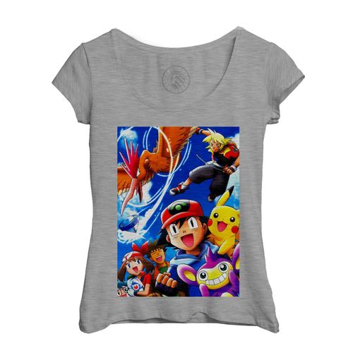 T-Shirt Femme Col Echancré Pokemon Sacha Pikachu Ondine Manga Anime