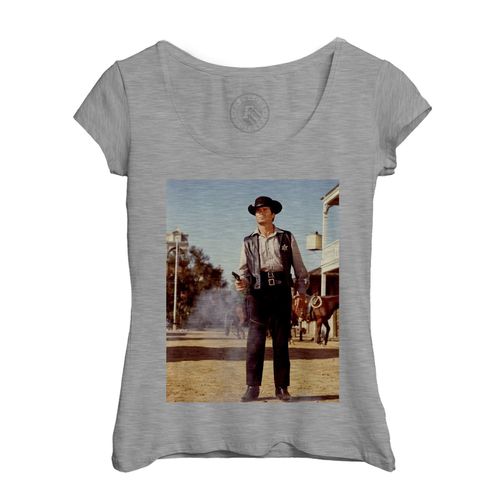 T-Shirt Femme Col Echancré Cowboy Shérif Western Photo De Film Duel Au Revolver Original Vintage