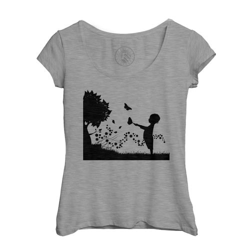 T-Shirt Femme Col Echancré Silhouette Enfant Et Papillons Dans Un Pré Fleuri Dessin