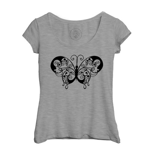 T-Shirt Femme Col Echancré Dessin De Papillon Stylisé Noir Nature Animaux