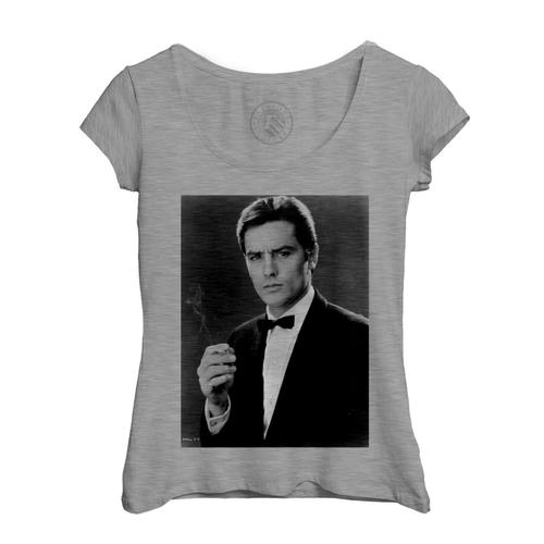 T-Shirt Femme Col Echancré Alain Delon Acteur Photo De Star Célébrité Vieux Cinéma Original 1 Cigarette