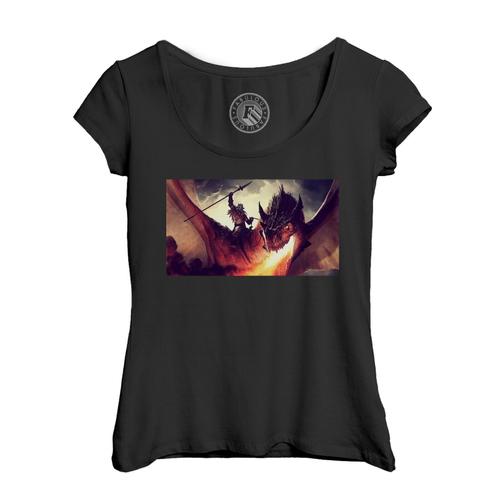 T-Shirt Femme Col Echancré Dragon Crache Feu Fantastique Chevalier