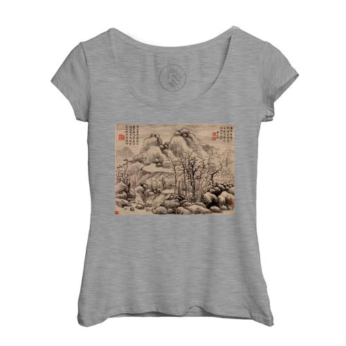T-Shirt Femme Col Echancré Estampe Japonaise 4 Montagne Et Arbres Art Délicat Original Vintage