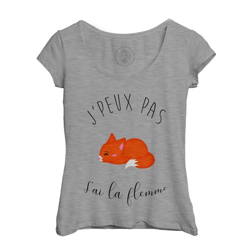 T-Shirt Femme Col Echancré J'peux Pas J'ai La Flemme Humour Dessin Renard Roux Mignon Animaux
