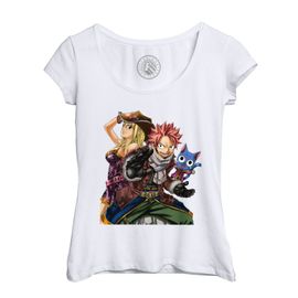 T-Shirt Femme Col Echancré Fairy Tail Natsu Lucy Happy Manga Sorcier
