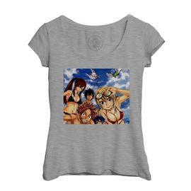 T-Shirt Femme Col Echancré Fairy Tail Manga Natsu Erza Grey Lucy A La Plage Japon Anime