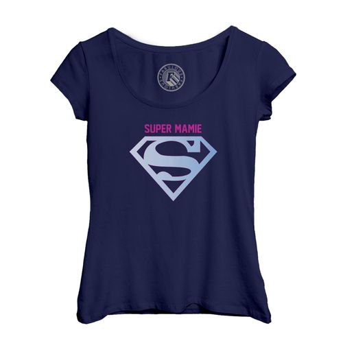 T-Shirt Femme Col Echancré Super Mamie Bleu Logo Super Héro