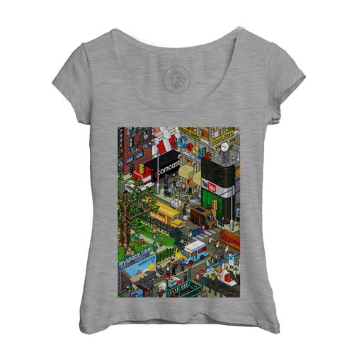 T-Shirt Femme Col Echancré Pixel Art Ville Retro Gaming Geek Jeux Video 8 Bits