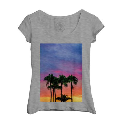 T-Shirt Femme Col Echancré Palmiers Et Coucher De Soleil Multicolor Tropiques Plage