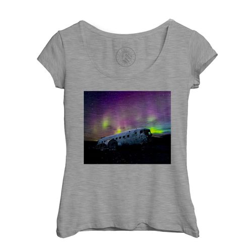 T-Shirt Femme Col Echancré Solheimasandur Avion Ecrase Aurore Boreale Islande