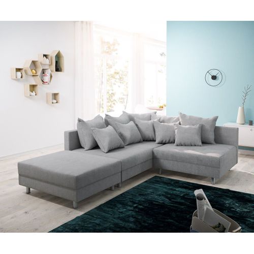 Canapé Clovis Gris Tissu Plat Avec Tabouret Ottoman Gauche Canapé D'angle Modulaire