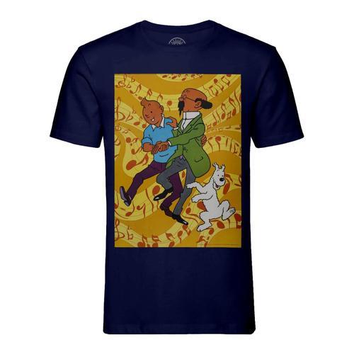 T-Shirt Homme Col Rond Tintin Professeur Tournesol Milou Danse Bd Herge