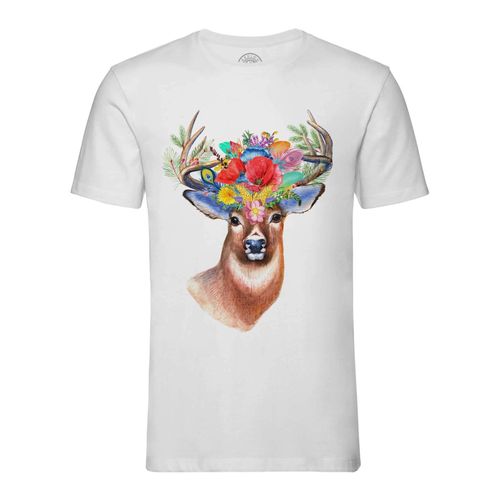T-Shirt Homme Col Rond Dessin Cerf Fleurs Animal De La Foret Art Nature