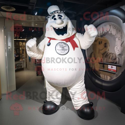 Personnage De Costume De Mascotte Redbrokoly De Steak Blanc Habillé D'une Salopette Et D'anneaux