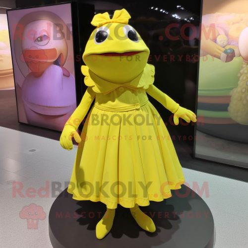 Personnage De Costume De Mascotte Redbrokoly De Grenouille Jaune Citron Habillé D'une Jupe Plissée Et De Casquettes