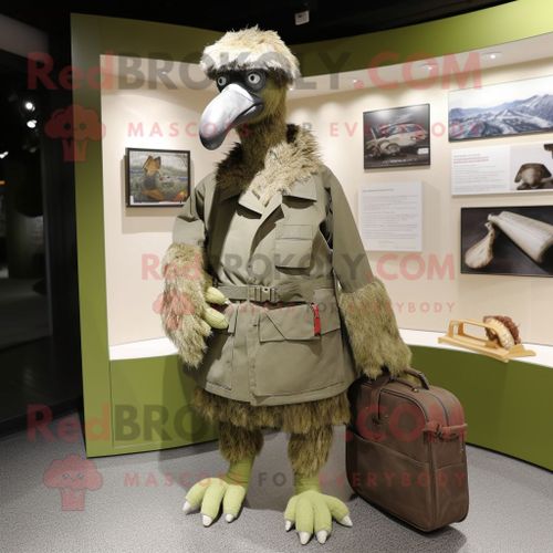 Personnage De Costume De Mascotte Redbrokoly D'olive Ostrich Habillé D'une Parka Et De Portefeuilles