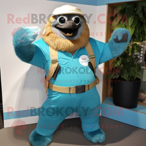 Personnage De Costume De Mascotte Redbrokoly De Paresseux Géant Bleu Sarcelle Habillé D'un Jean Évasé Et De Ceintures