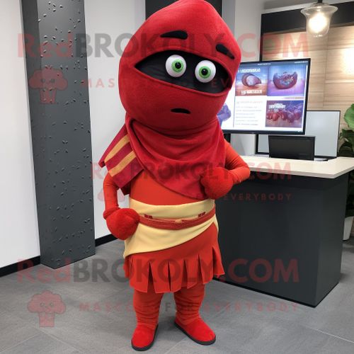 Mascotte Redbrokoly De Personnage De Tacos Rouge Habillé D'un Pantalon Et D'une Pince À Écharpe
