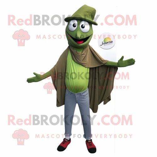 Personnage De Costume De Mascotte Redbrokoly Olive Juggle Habillé Avec Un Jean Skinny Et Des Épingles À Châle