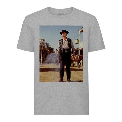 T-Shirt Homme Col Rond Cowboy Shérif Western Photo De Film Duel Au Revolver Original Vintage