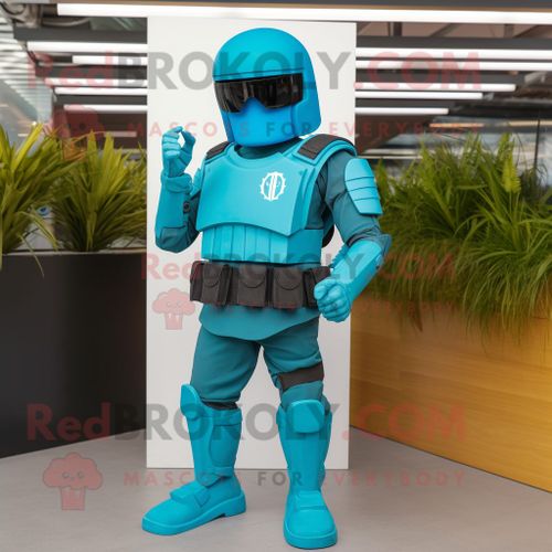 Personnage De Costume De Mascotte Redbrokoly De Soldat Spartiate Cyan Habillé D'un Gilet Et De Lunettes De Soleil