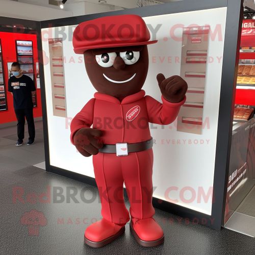 Personnage De Costume De Mascotte Redbrokoly De Barre De Chocolat Rouge Habillé D'une Combinaison Et De Chapeaux