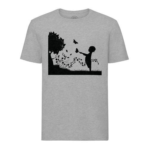 T-Shirt Homme Col Rond Silhouette Enfant Et Papillons Dans Un Pré Fleuri Dessin