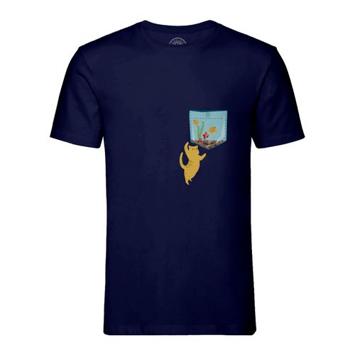 T-Shirt Homme Col Rond Poche Surprise Chat Aquarium Poisson Dessin
