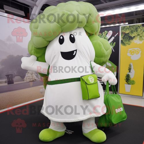 Personnage De Costume De Mascotte Redbrokoly De Brocoli Blanc Habillé D'une Jupe Trapèze Et De Porte-Documents