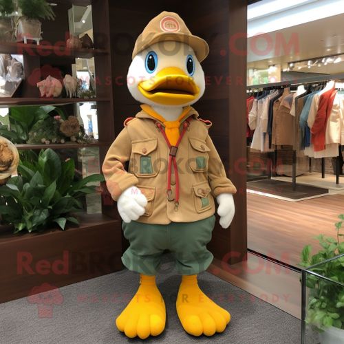 Personnage De Costume De Mascotte Redbrokoly De Canard Brun Vêtu D'un Pantalon En Velours Côtelé Et De Broches