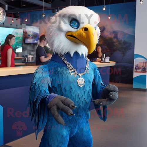 Personnage De Costume De Mascotte Redbrokoly D'aigle À Tête Blanche Bleu Habillé D'une Barboteuse Et De Colliers