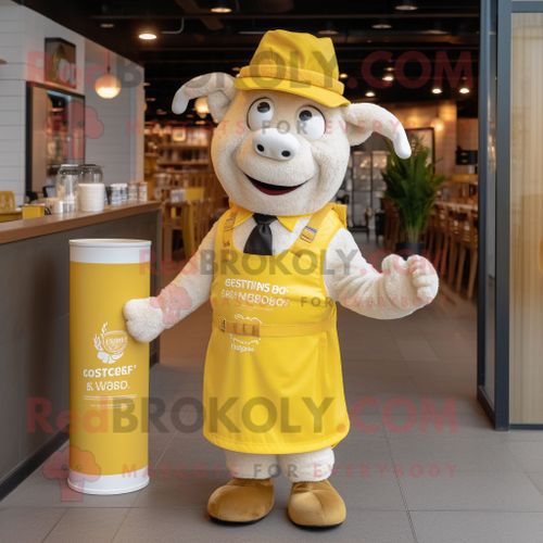 Personnage De Costume De Mascotte Redbrokoly De Boeuf Jaune Citron Stroganoff Habillé D'un Gilet Et De Sacs Fourre-Tout