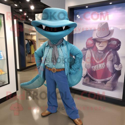 Mascotte Redbrokoly De Personnage De Serpent Turquoise Habillé D'une Chemise En Chambray Et De Pochettes