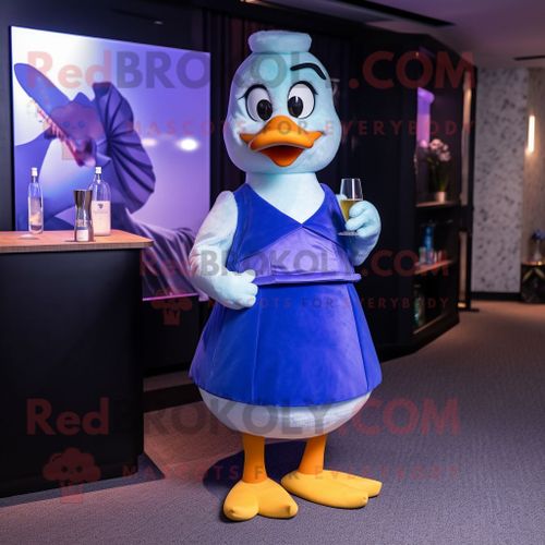 Personnage De Costume De Mascotte Redbrokoly De Canard Bleu Habillé D'une Robe De Cocktail Et De Sacs De Messager