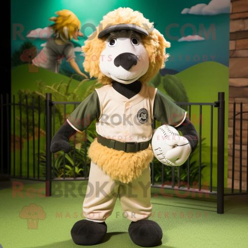 Personnage De Costume De Mascotte Redbrokoly Olive Suffolk Sheep Habillé D'un Tee-Shirt De Baseball Et D'anneaux